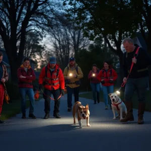 Volunteers from Paws Patrol searching for lost pets in a neighborhood