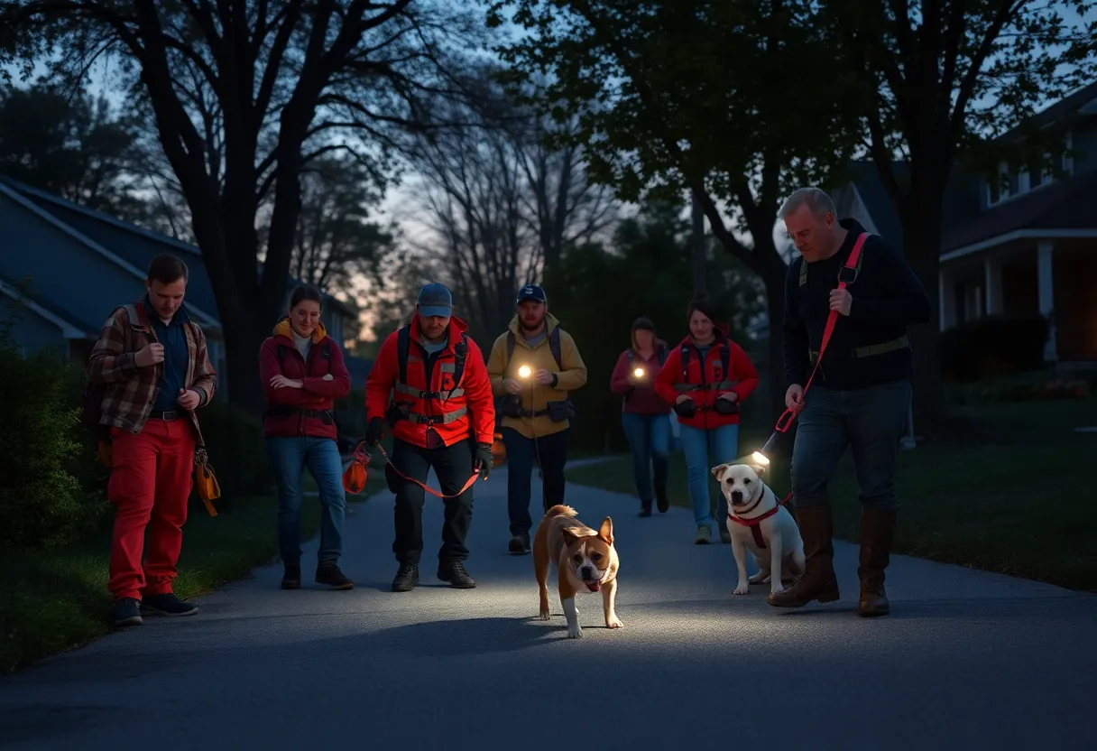 Volunteers from Paws Patrol searching for lost pets in a neighborhood