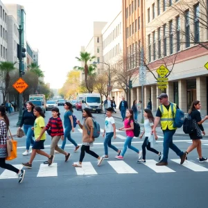 Students crossing a street with the help of crossing guards in a school zone.