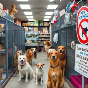 Pet store interior showcasing animals available for adoption, emphasizing welfare.