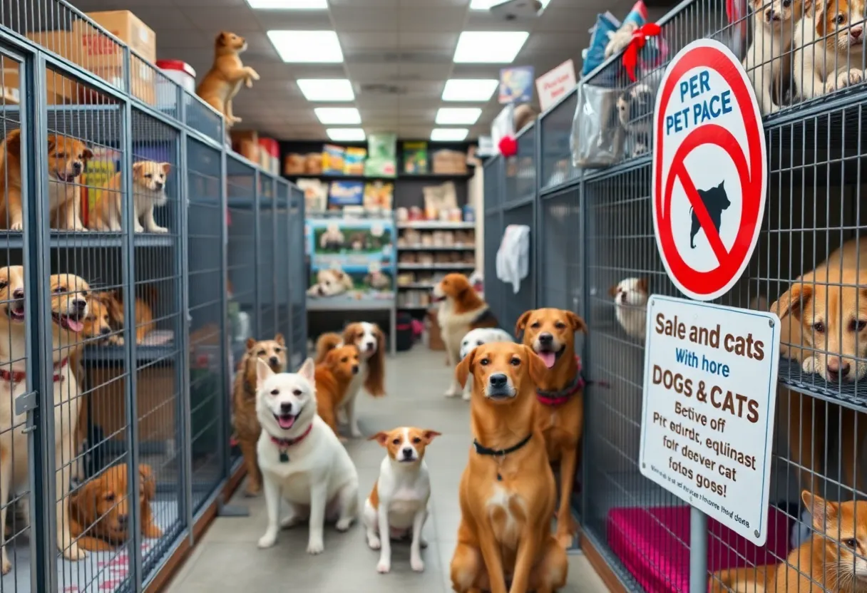 Pet store interior showcasing animals available for adoption, emphasizing welfare.