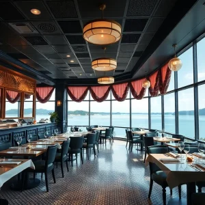 Interior view of PISCES Bar & Seafare showcasing vintage decor and lake views.