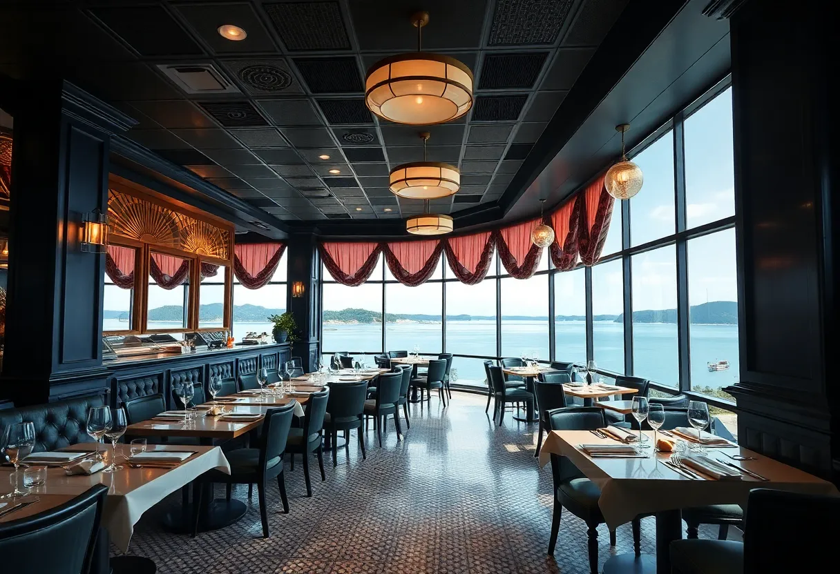 Interior view of PISCES Bar & Seafare showcasing vintage decor and lake views.