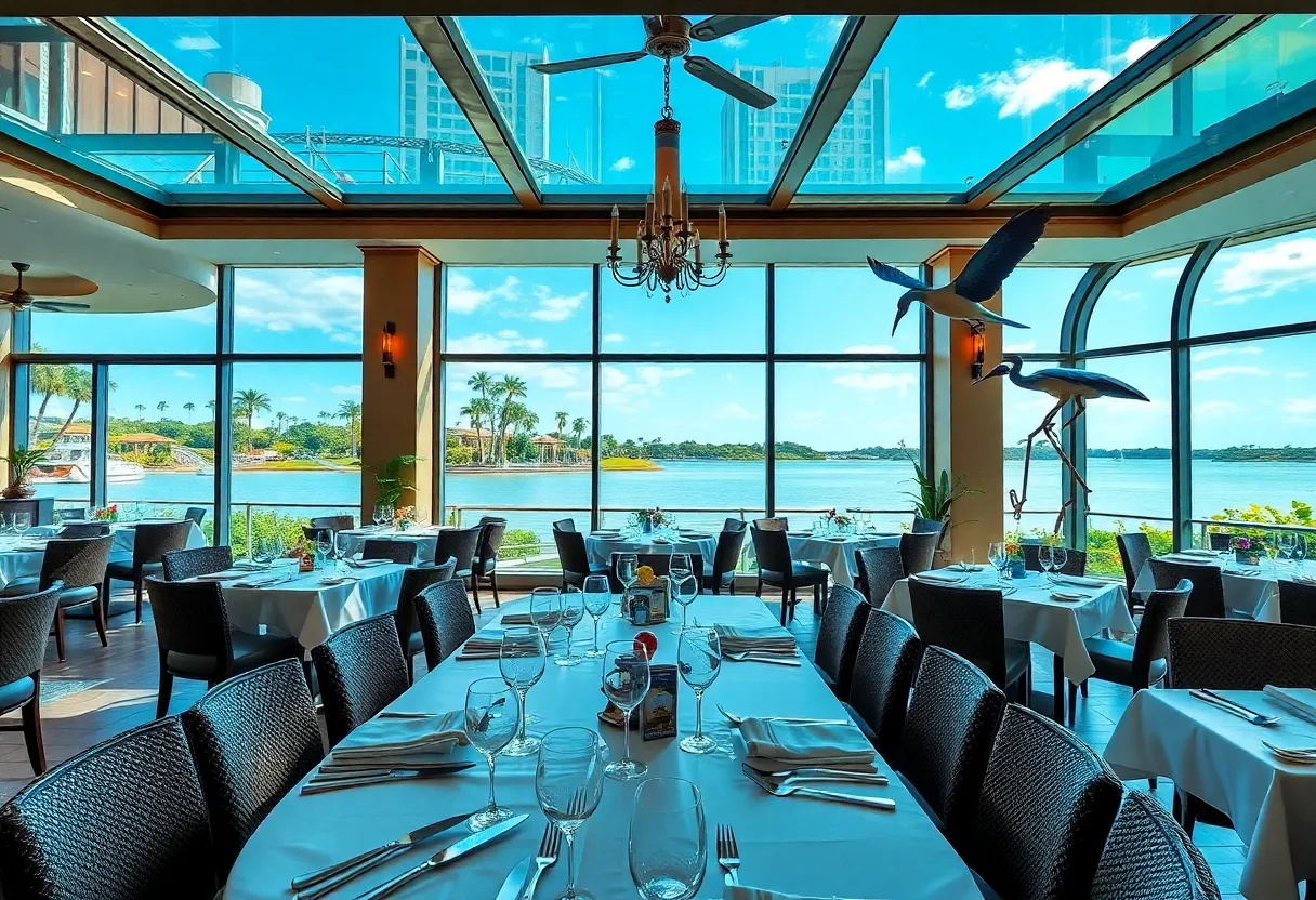 Interior of Pisces seafood restaurant with Mediterranean decor and lake views