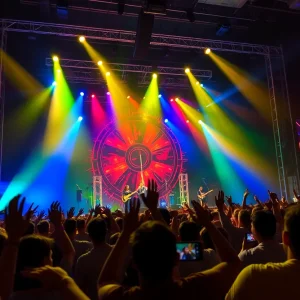 Audience enjoying a live performance with colorful stage lighting