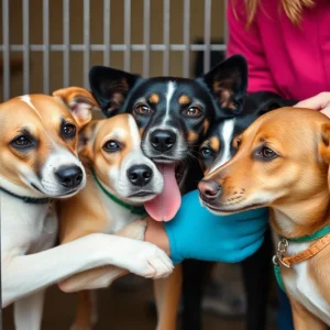 Dogs in an animal shelter receiving care and attention