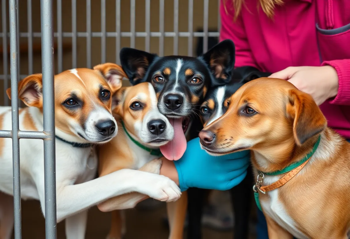 Dogs in an animal shelter receiving care and attention