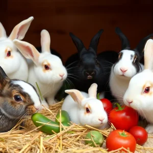 Group of rescued rabbits in a caring environment