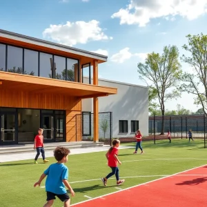 Rendering of the Shaquille O’Neal Youth Complex featuring a large clubhouse and multisports field.