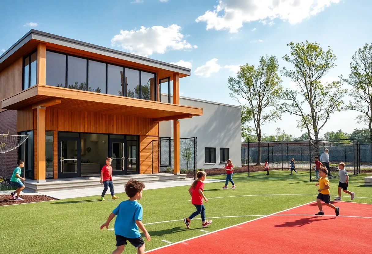 Rendering of the Shaquille O’Neal Youth Complex featuring a large clubhouse and multisports field.