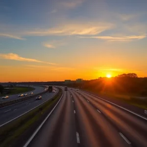 A busy highway showing caution signs for road safety