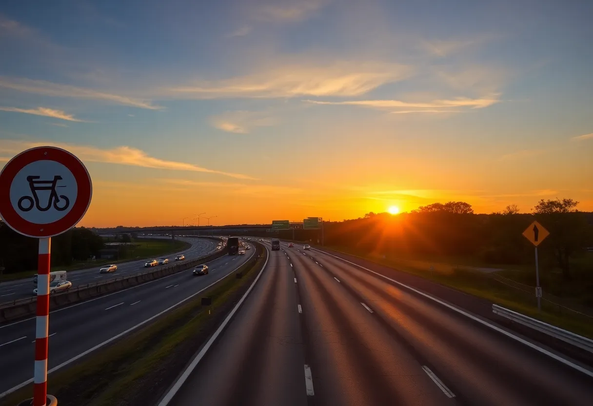 A busy highway showing caution signs for road safety