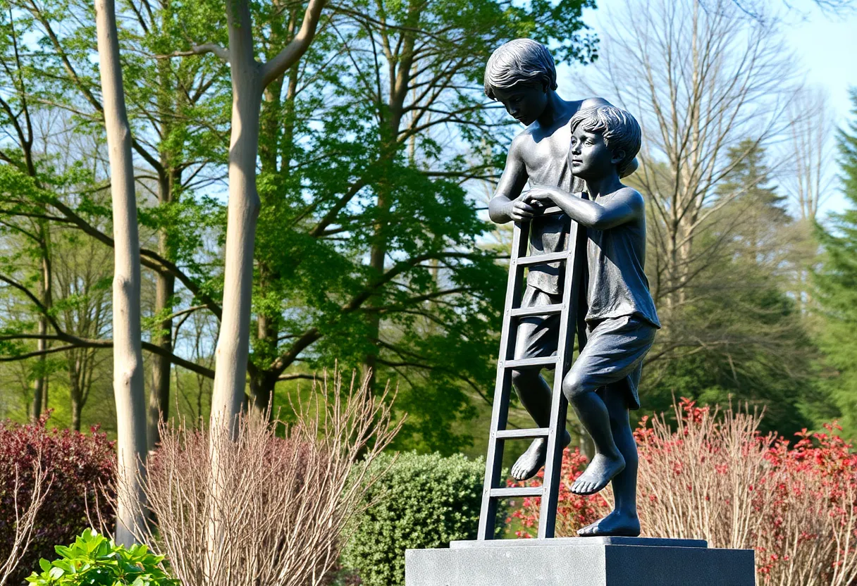 Statue of two boys climbing a ladder, symbolizing a bond between brothers