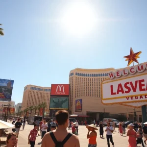 A beautiful sunny day in Las Vegas with clear skies and outdoor activities.
