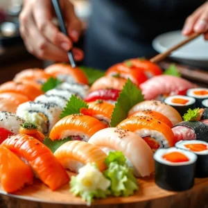 Artfully arranged sushi platter with various types of sushi
