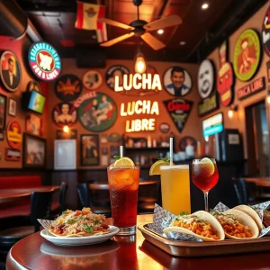 Interior of Taco Escobar with tacos and drinks