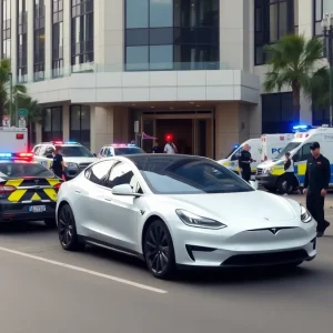 Emergency responders at the scene of a Tesla Cybertruck explosion.