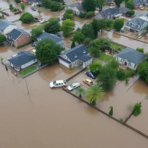 Aerial view of flooded areas in Texas with emergency responders
