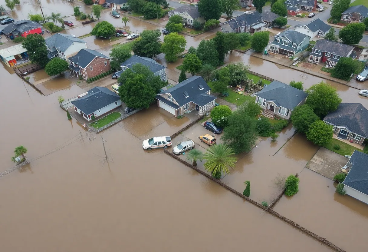 Aerial view of flooded areas in Texas with emergency responders