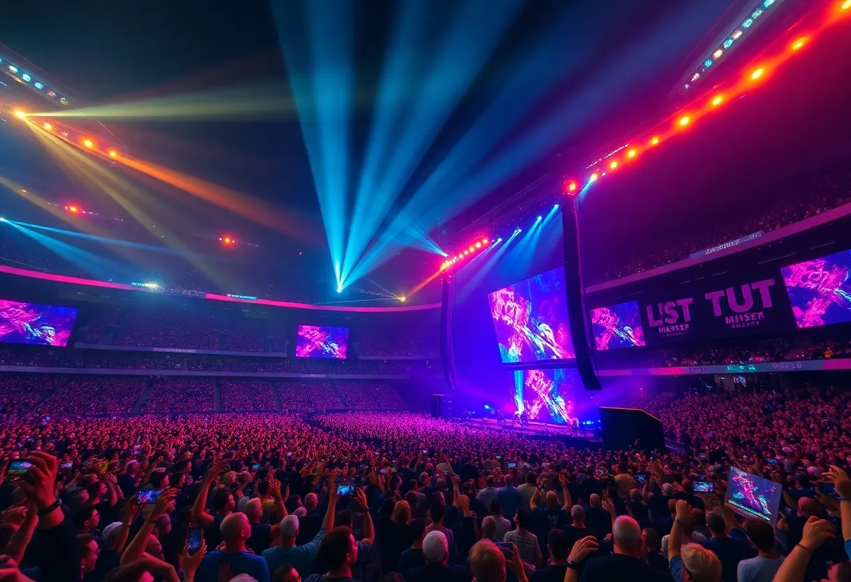 The Weeknd performing at Allegiant Stadium surrounded by a cheering crowd