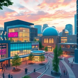 A conceptual image of the Third Street Creative Campus, depicting performance and production spaces.