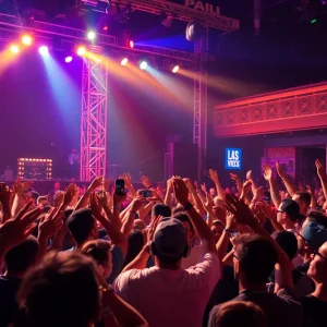 Vibrant concert atmosphere with a hip-hop artist performing live