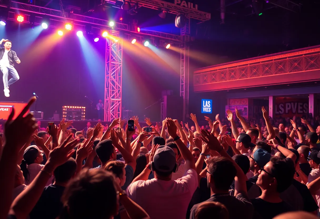 Vibrant concert atmosphere with a hip-hop artist performing live