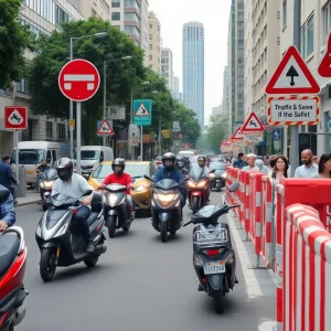 Urban scene depicting traffic safety awareness with scooters and vehicles.