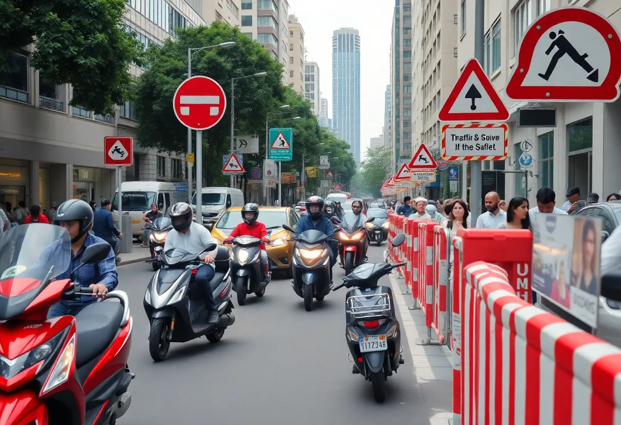 Urban scene depicting traffic safety awareness with scooters and vehicles.