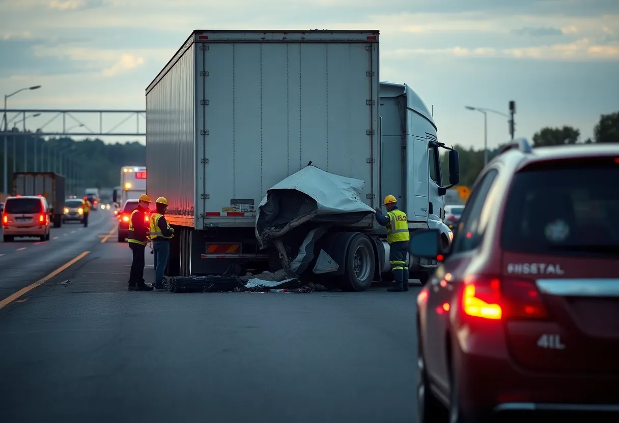 Scene of a truck accident on U.S. 93 with emergency services present.