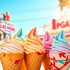 An assortment of unique ice cream flavors in colorful cones under the Las Vegas sun