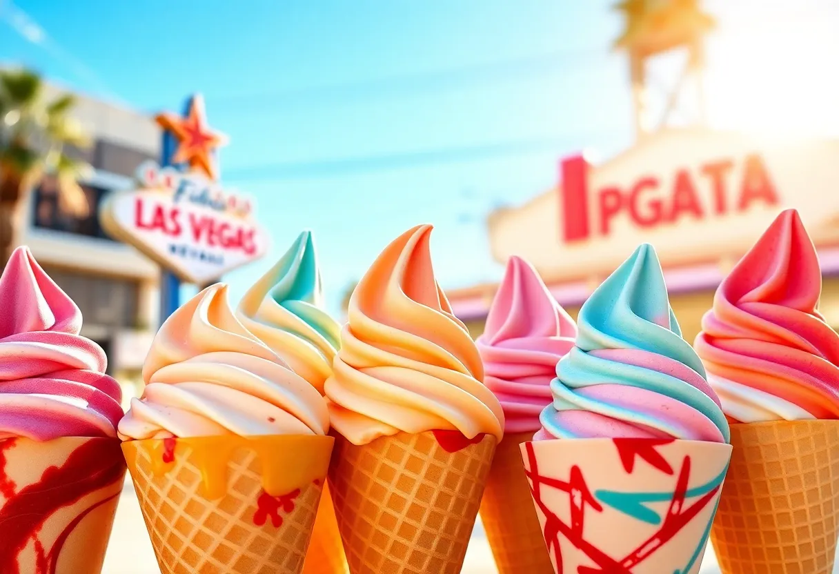 An assortment of unique ice cream flavors in colorful cones under the Las Vegas sun