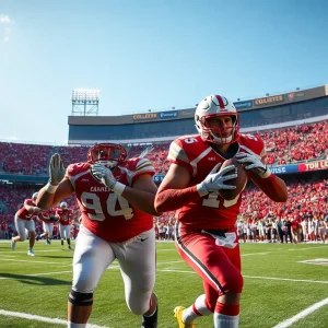 Action scene from a UNLV football game with athletes and fans.