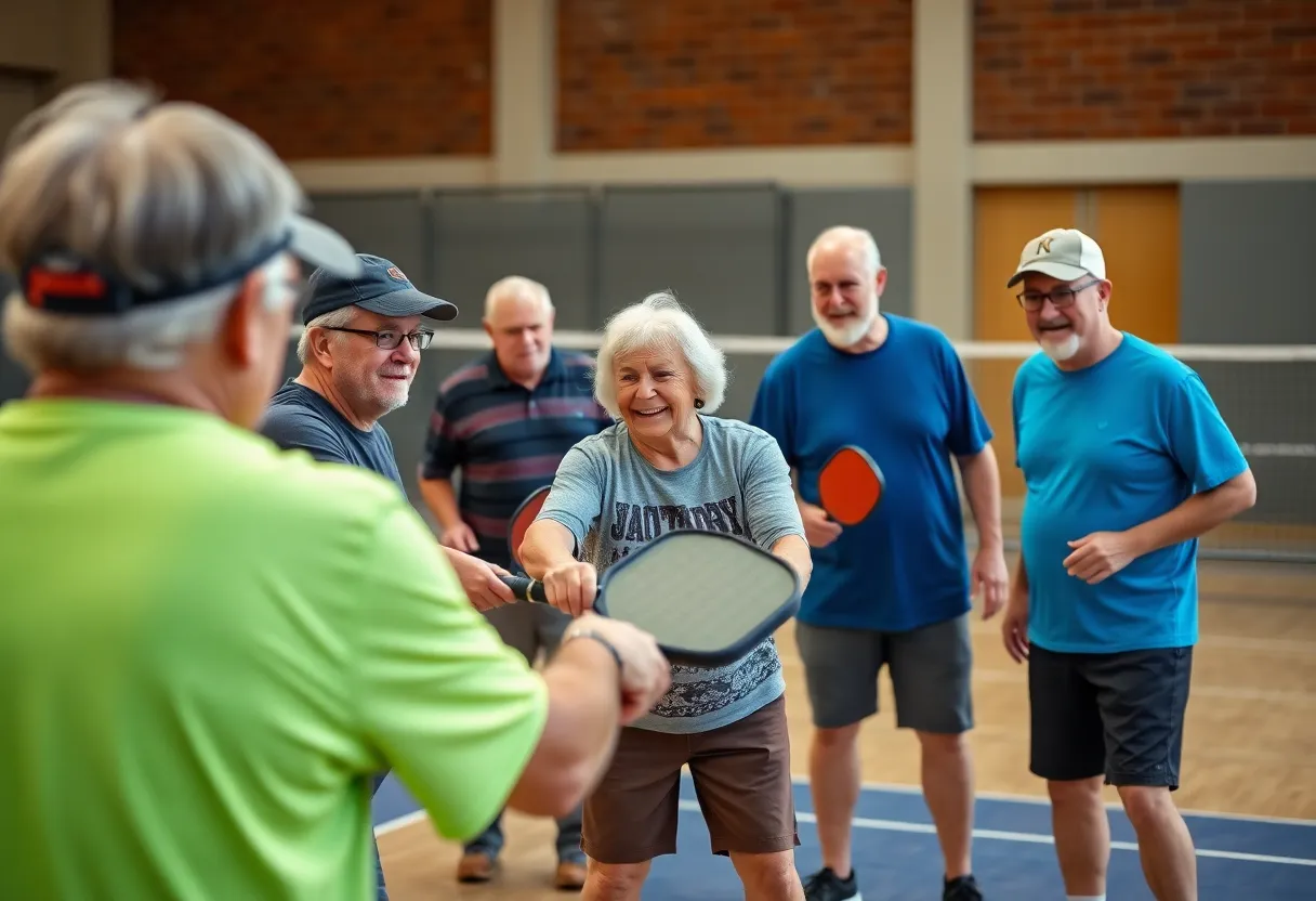 Veterans engaging in a pickleball game at Dula Gym, promoting fitness and community