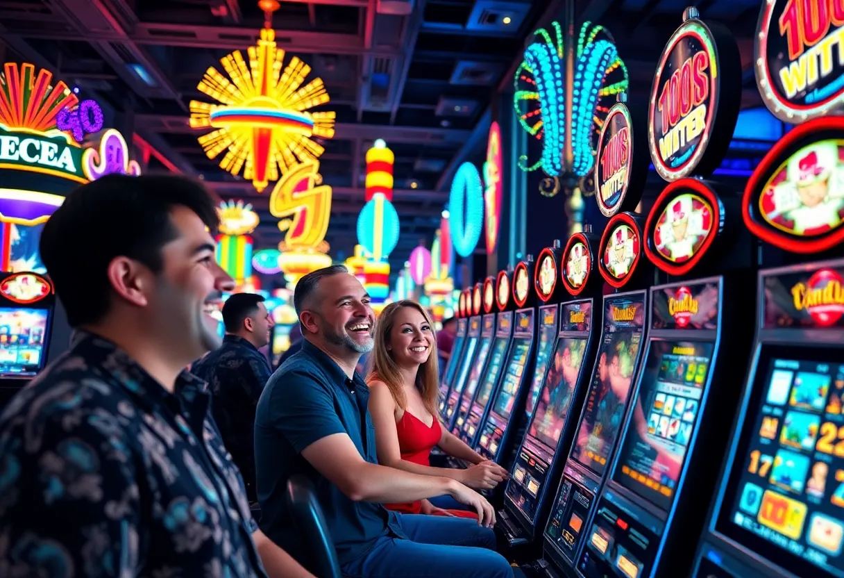 Players celebrating wins at a Las Vegas casino