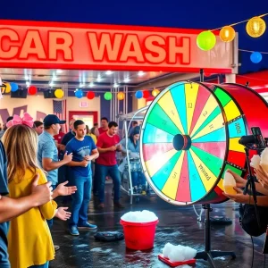 People celebrating WOW Carwash anniversary with live music and activities