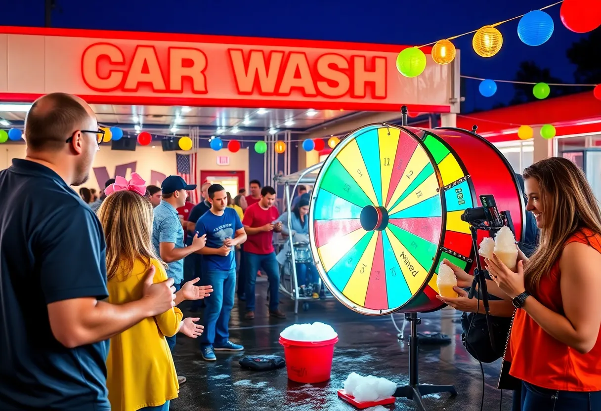 People celebrating WOW Carwash anniversary with live music and activities
