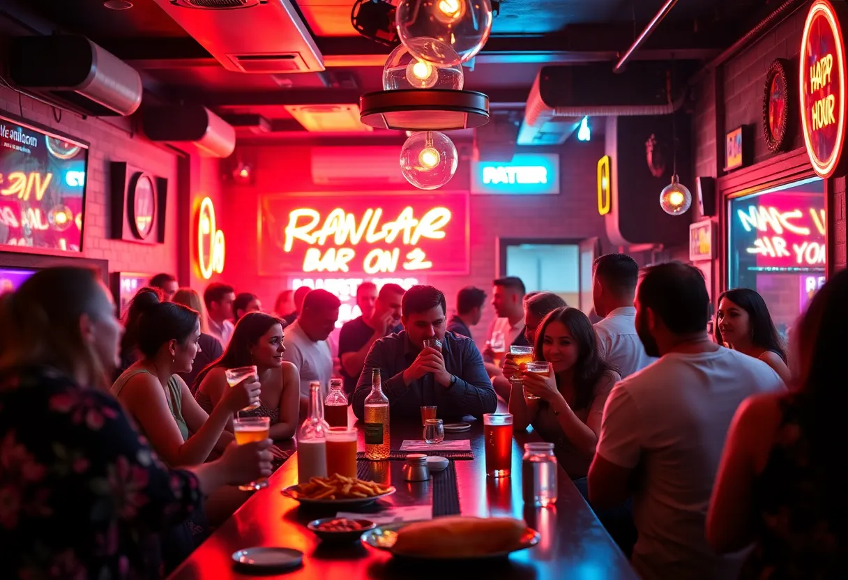 Guests enjoying happy hour drinks and snacks at WSKY Bar + Grill.