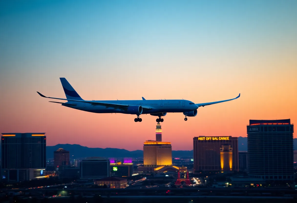 Air France Airbus A350-900 flying over Las Vegas skyline