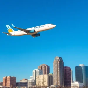 Allegiant Air airplane flying over Atlantic City skyline