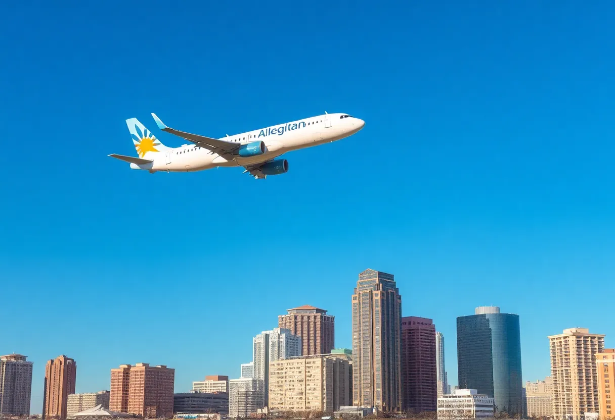 Allegiant Air airplane flying over Atlantic City skyline