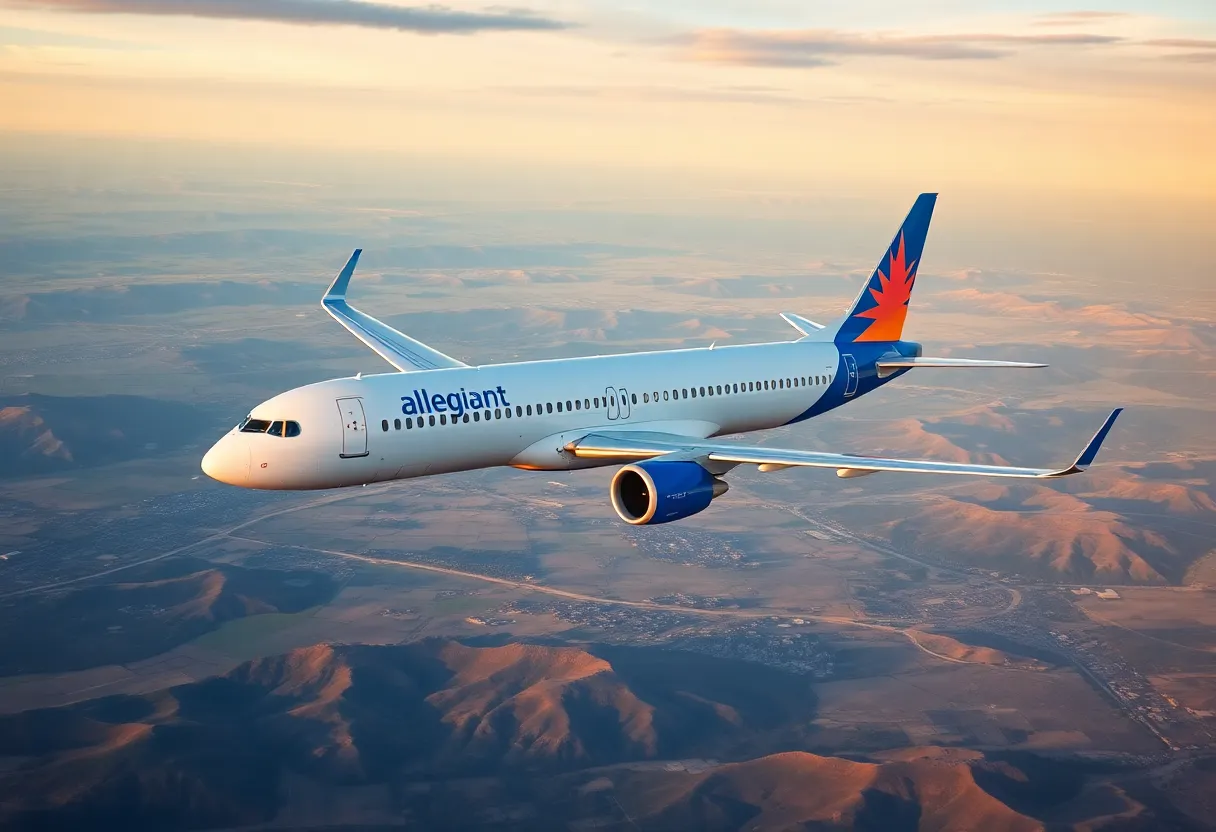 An Allegiant Travel airplane soaring through the sky over beautiful landscapes.