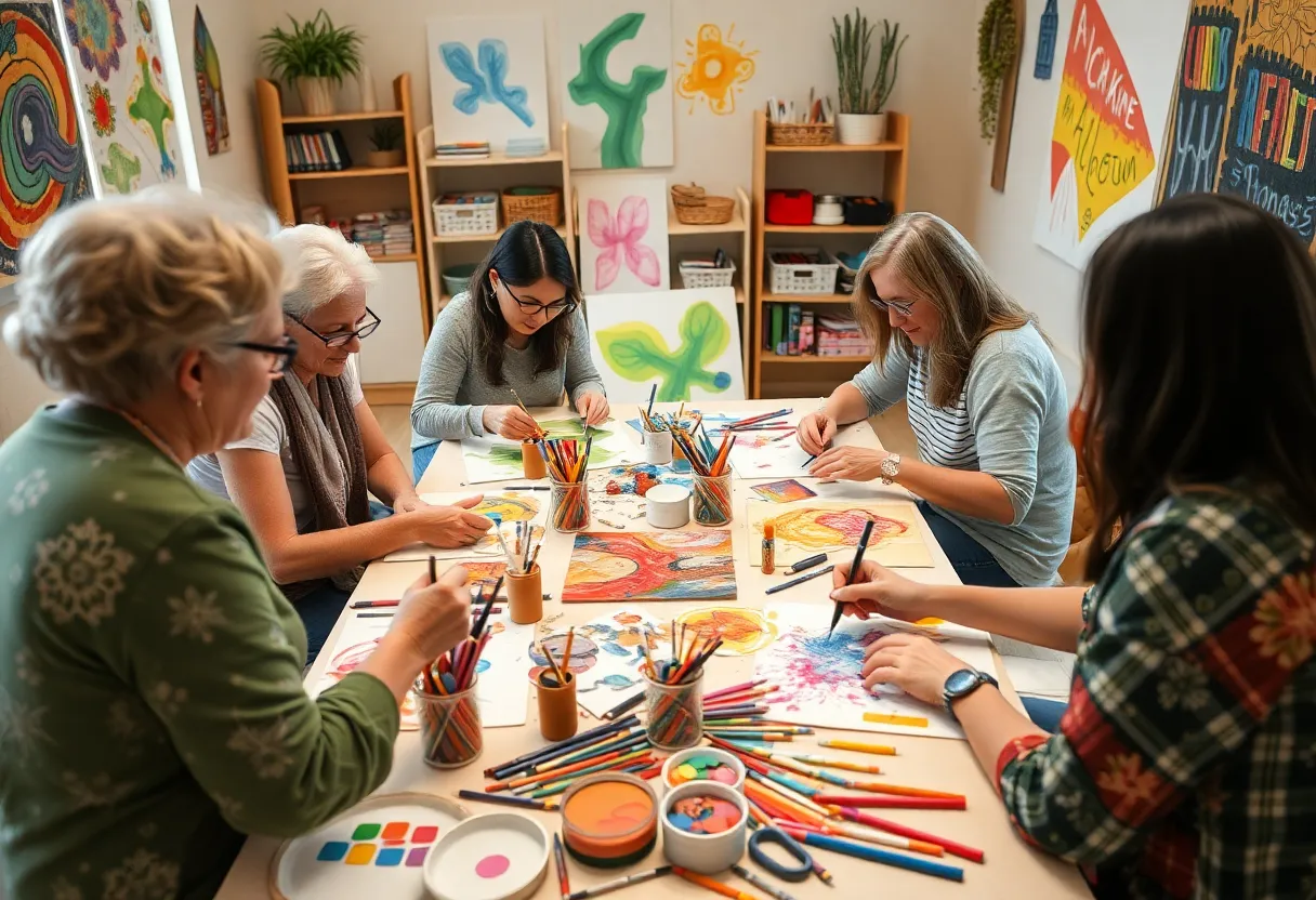 Participants engaging in art therapy in a supportive setting.
