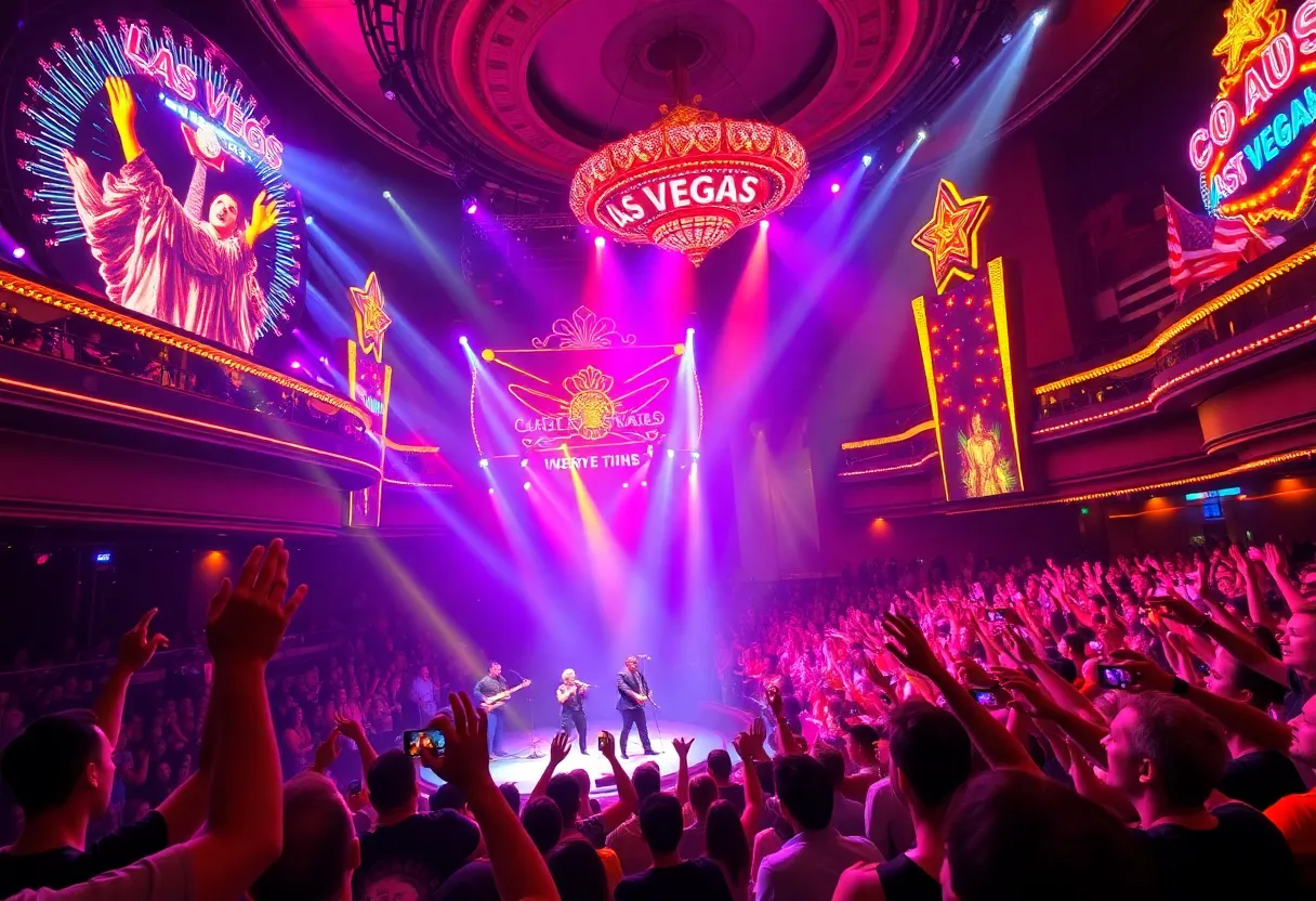 An energetic crowd at a concert in Las Vegas celebrating music.