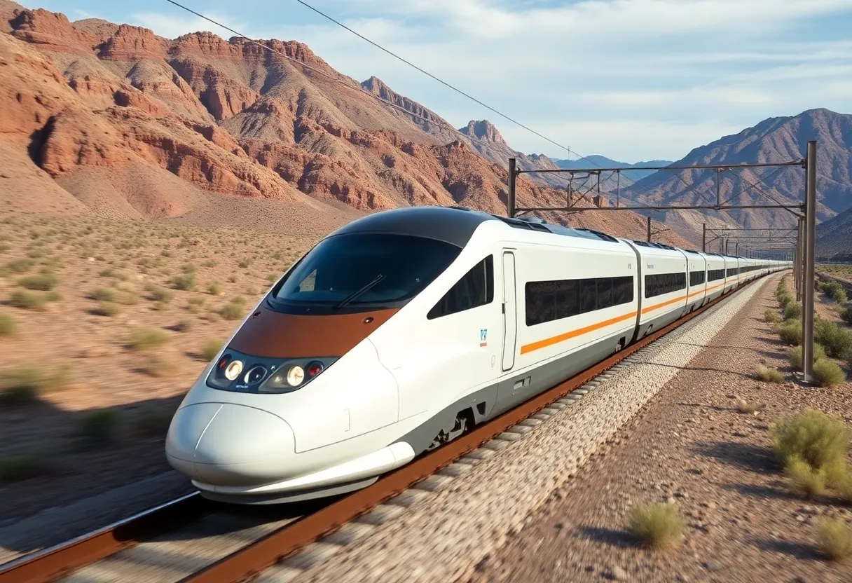 Rendering of a high-speed train for the Brightline West project