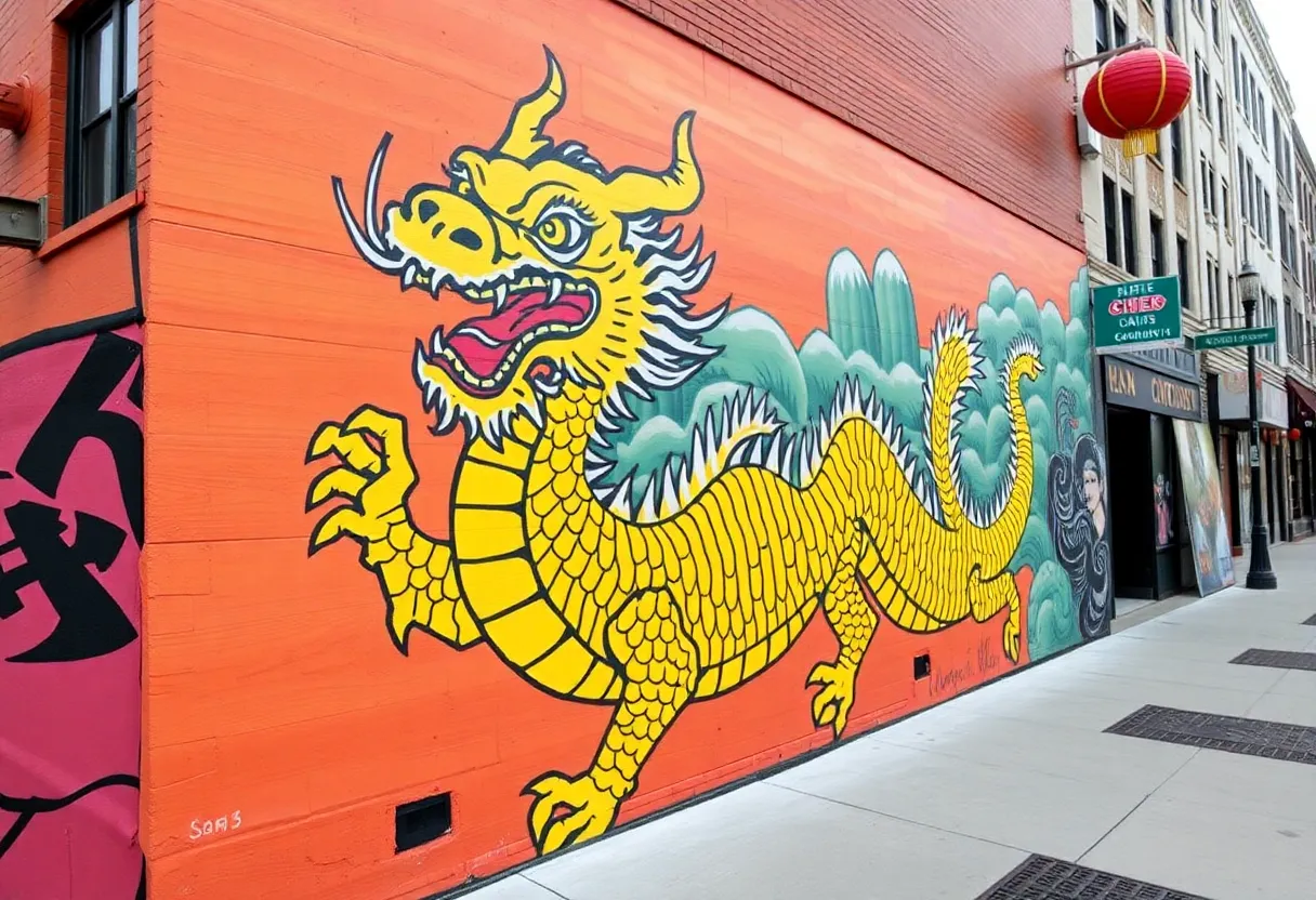 Mural of a golden dragon in Chinatown, Las Vegas