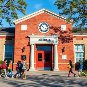 Exterior view of a Clark County school with students and safety measures