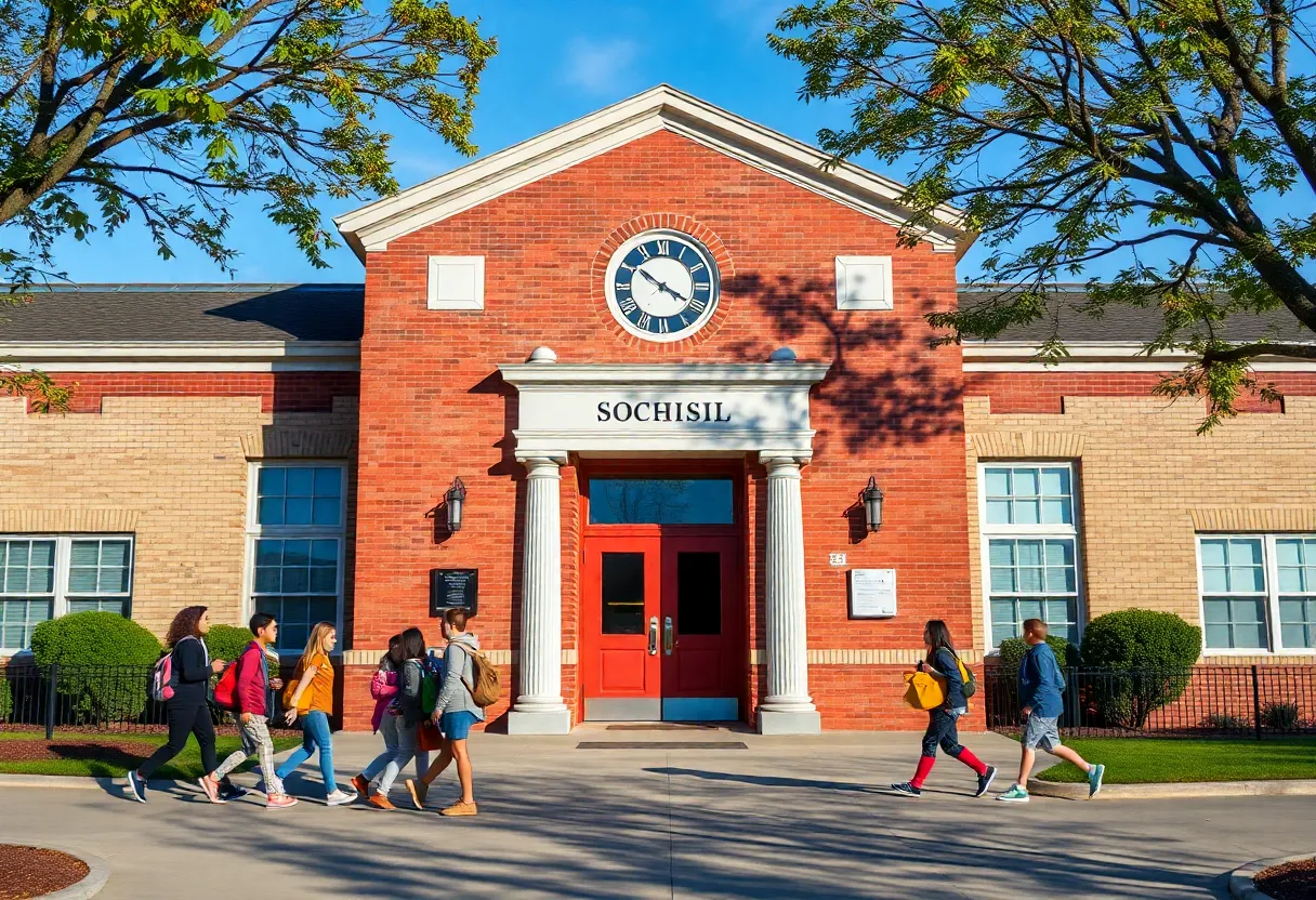 Exterior view of a Clark County school with students and safety measures