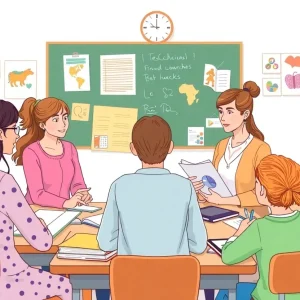 Illustration of teachers in a classroom discussing educational resources.