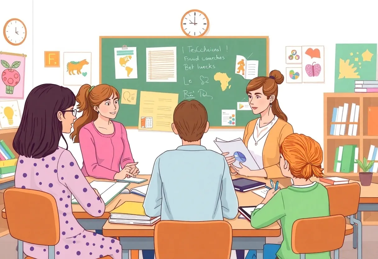 Illustration of teachers in a classroom discussing educational resources.
